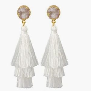 Women's handmade Boho style white tassel earrings with white stone's